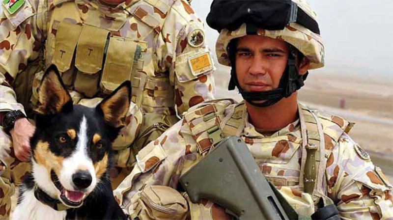 Sapper Darren Smith with explosive detection dog Herbie at Tarin Kowt.