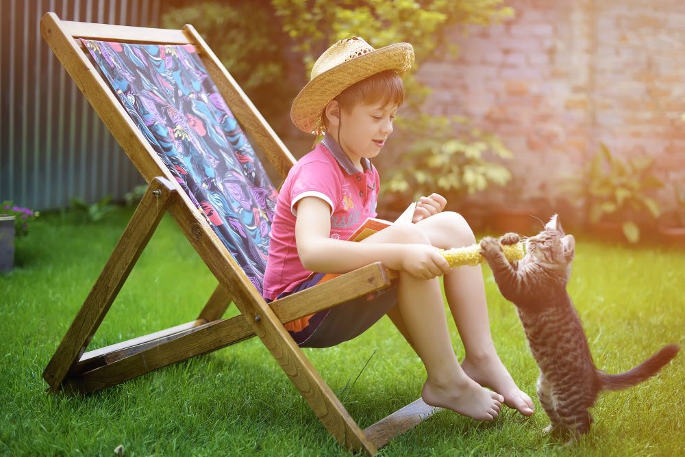 boy sitting on a lounge chair and playing with a cat