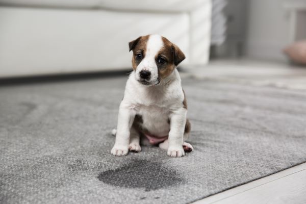 Adorable puppy near wet spot on carpet indoors